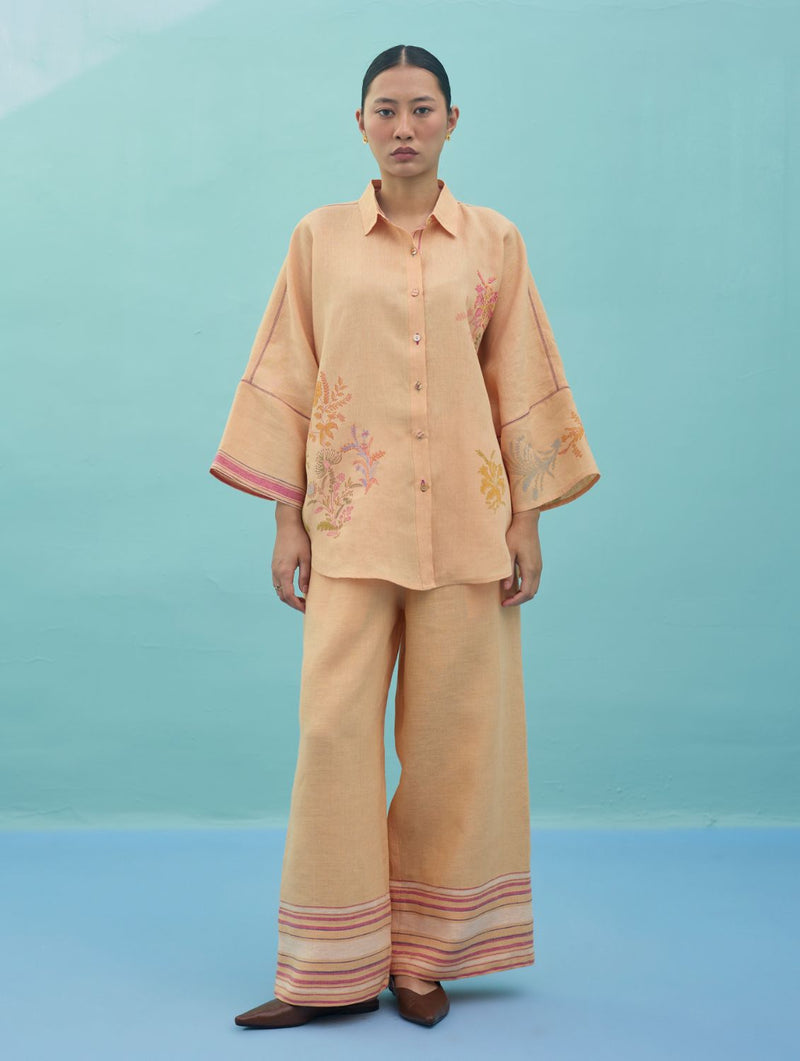 Iva Block Printed Embroidered Co-ord Set - Apricot linen co-ord set by Manan in apricot for women in Singapore