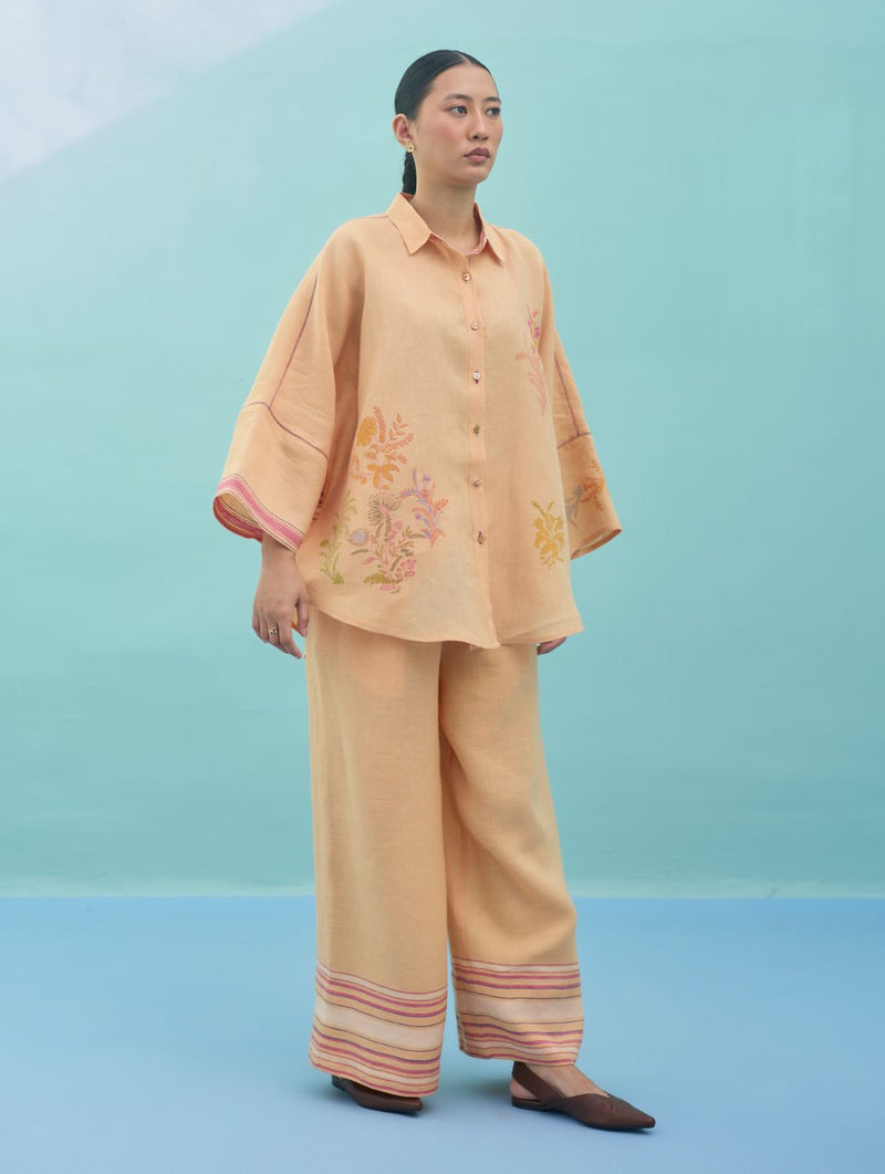 Iva Block Printed Embroidered Co-ord Set - Apricot linen co-ord set by Manan in apricot for women in Singapore