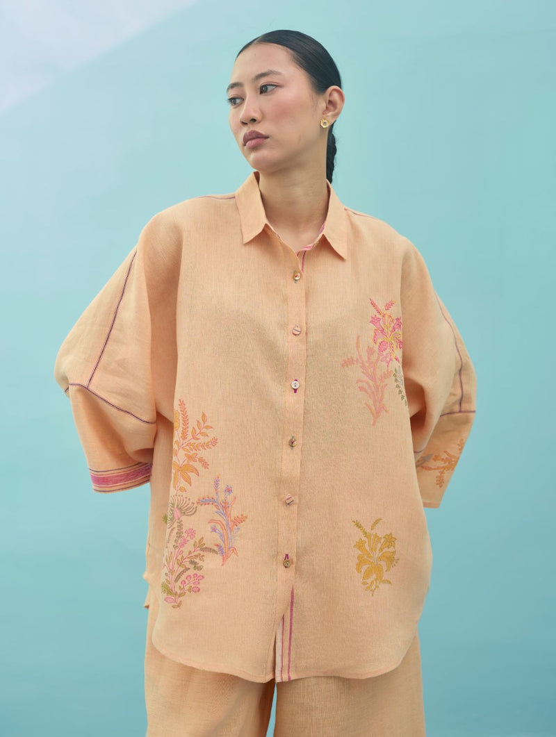 Iva Block Printed Embroidered Co-ord Set - Apricot linen co-ord set by Manan in apricot for women in Singapore