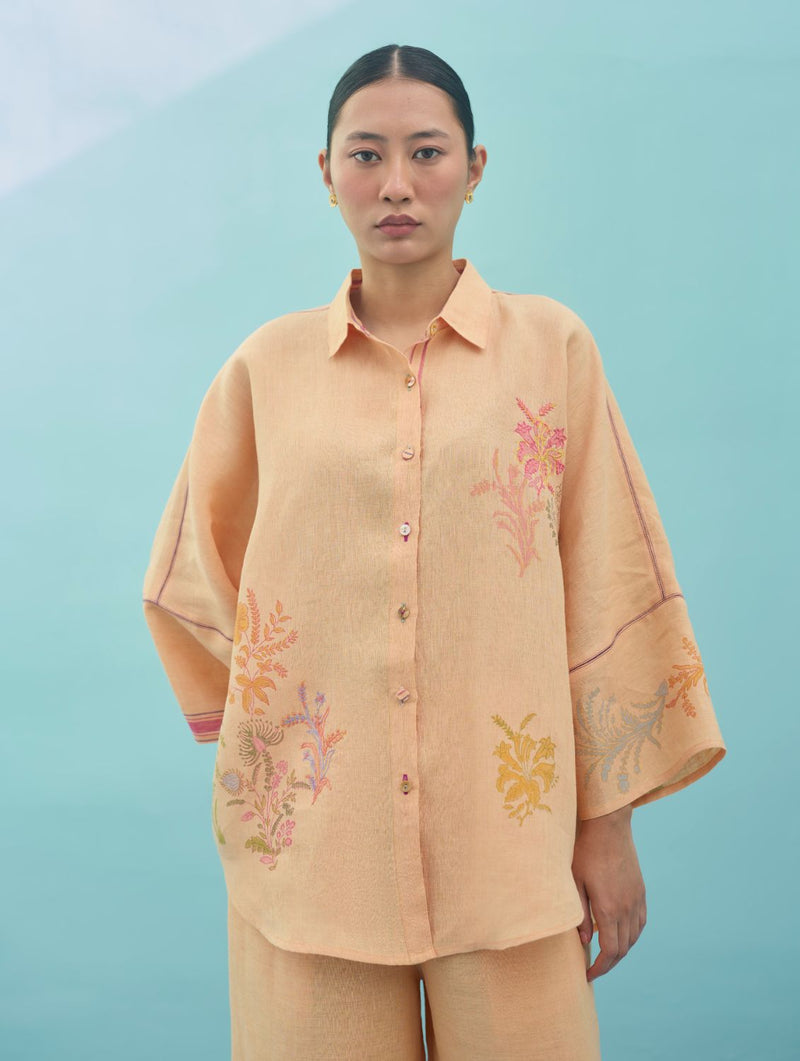 Iva Block Printed Embroidered Co-ord Set - Apricot linen co-ord set by Manan in apricot for women in Singapore