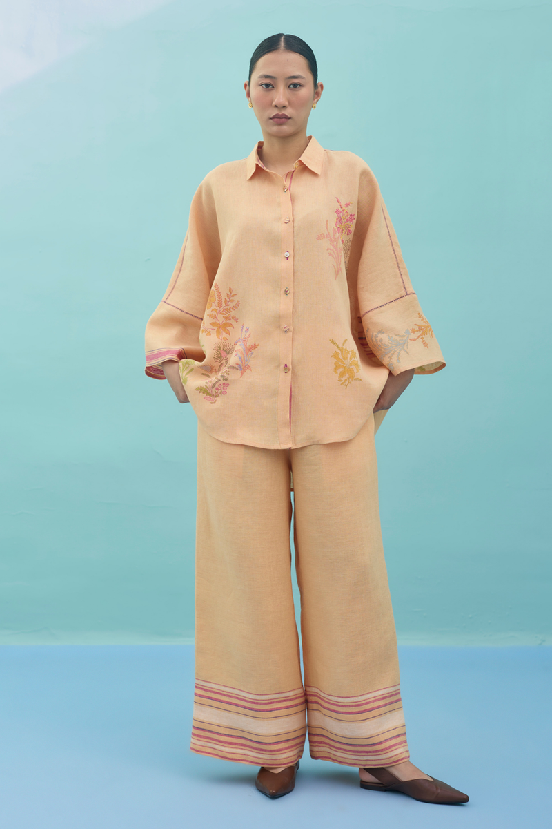Iva Block Printed Embroidered Co-ord Set - Apricot linen co-ord set by Manan in apricot for women in Singapore