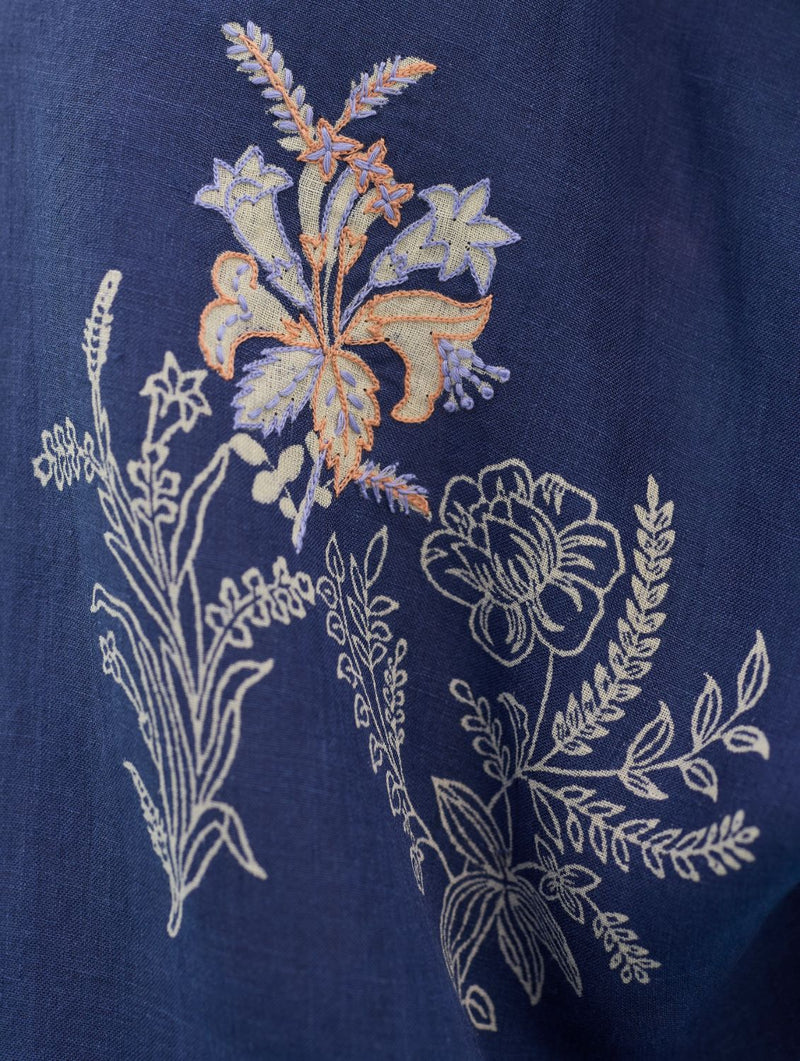 Iva Block Printed Embroidered Co-ord Set - Indigo linen co-ord set by Manan in navy for women in Singapore