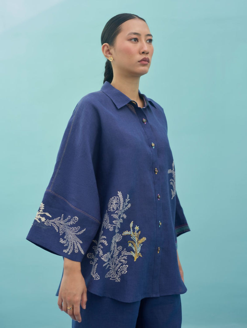Iva Block Printed Embroidered Co-ord Set - Indigo linen co-ord set by Manan in navy for women in Singapore