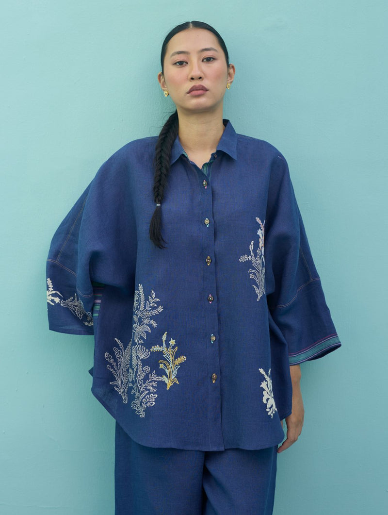 Iva Block Printed Embroidered Co-ord Set - Indigo linen co-ord set by Manan in navy for women in Singapore