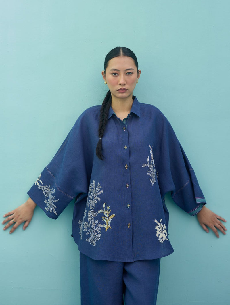Iva Block Printed Embroidered Co-ord Set - Indigo linen co-ord set by Manan in navy for women in Singapore
