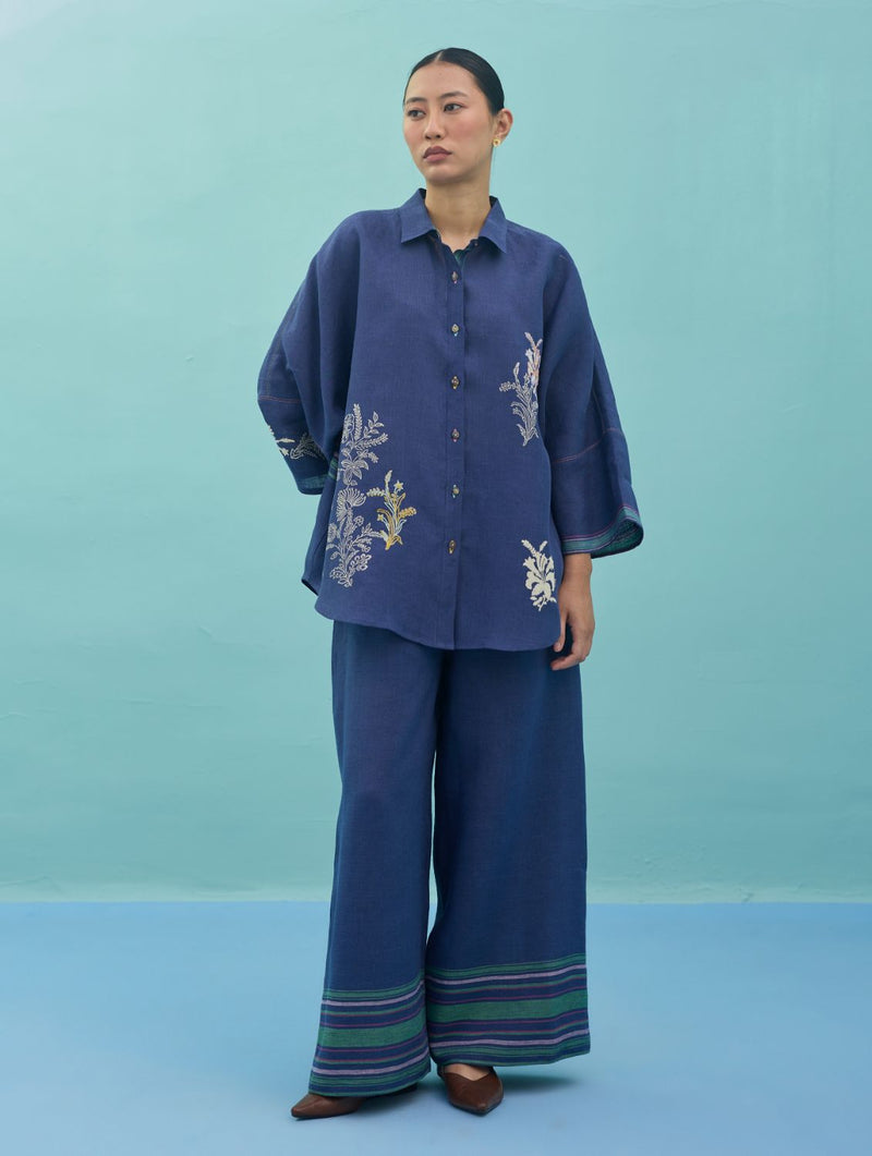 Iva Block Printed Embroidered Co-ord Set - Indigo linen co-ord set by Manan in navy for women in Singapore