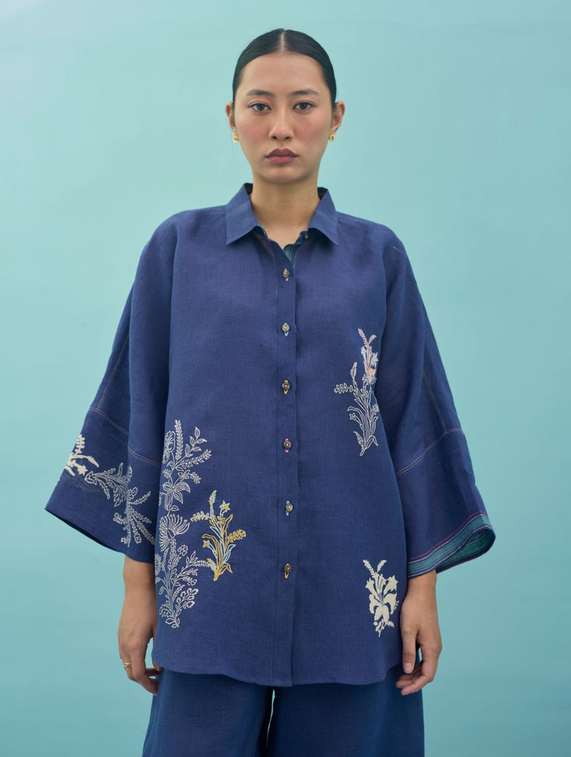 Iva Block Printed Embroidered Co-ord Set - Indigo linen co-ord set by Manan in navy for women in Singapore