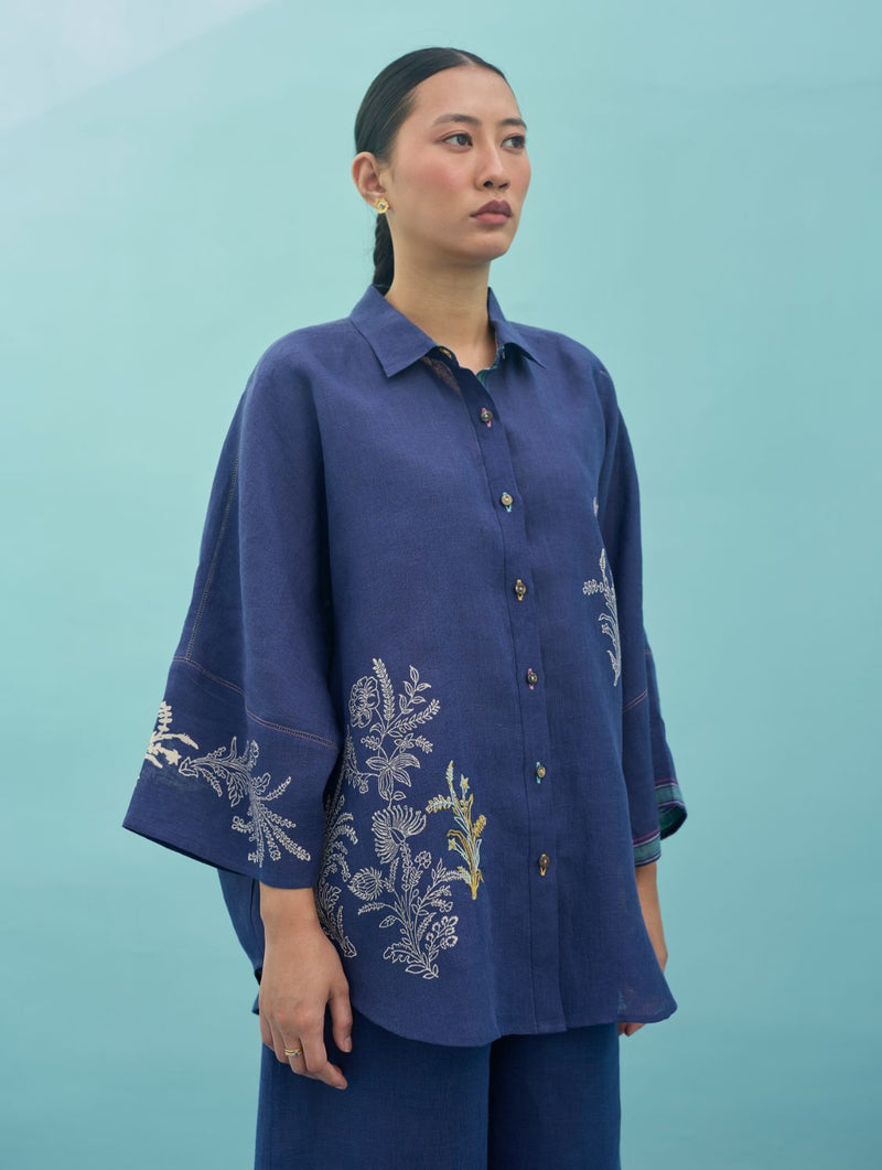 Iva Block Printed Embroidered Co-ord Set - Indigo linen co-ord set by Manan in navy for women in Singapore