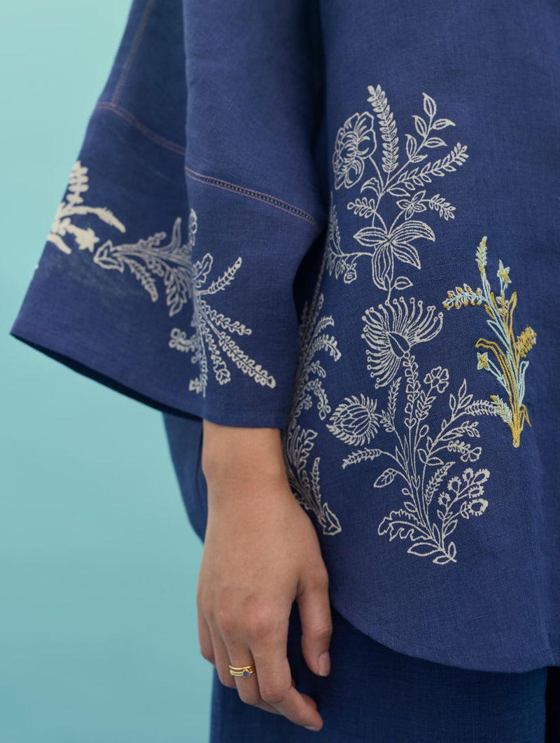 Iva Block Printed Embroidered Co-ord Set - Indigo linen co-ord set by Manan in navy for women in Singapore