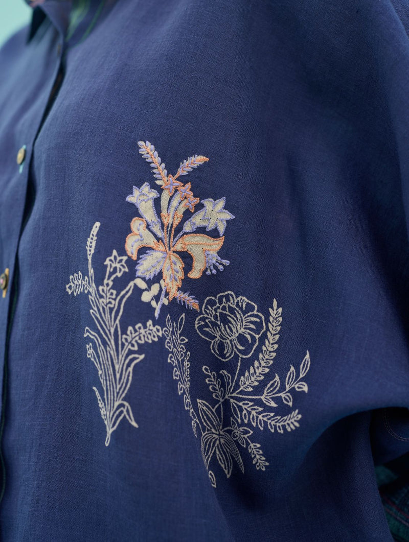 Iva Block Printed Embroidered Co-ord Set - Indigo linen co-ord set by Manan in navy for women in Singapore