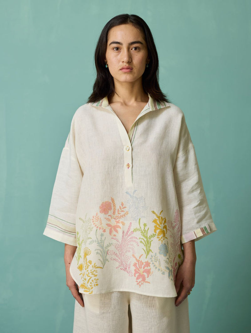 Luma Block-Printed Floral Shirt - Ivory linen top/shirt by Manan in ivory for women in Singapore