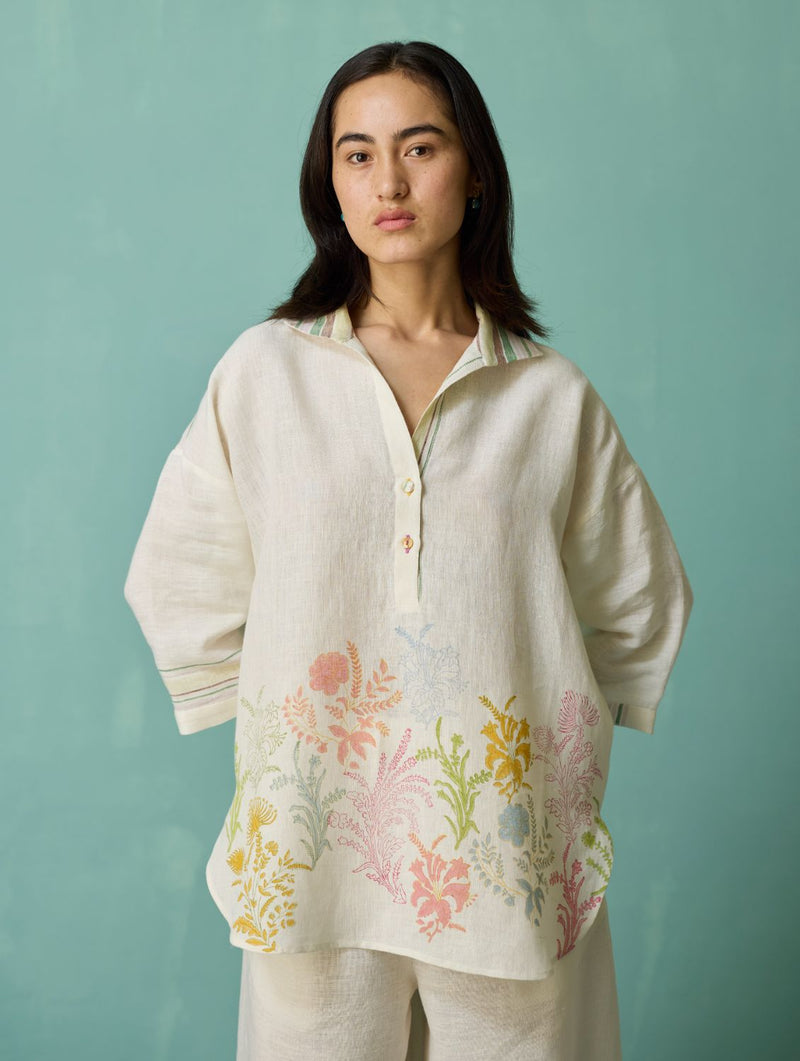 Luma Block-Printed Floral Co-ord Set - Ivory linen co-ord set by Manan in ivory for women in Singapore