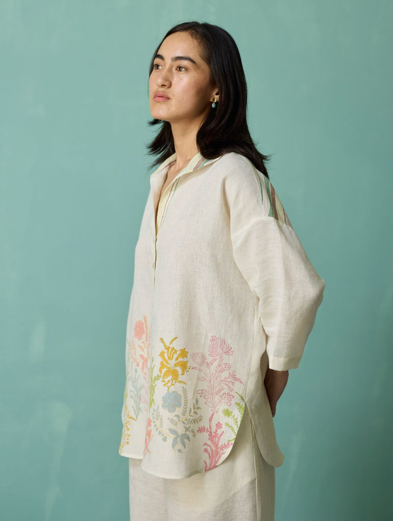 Luma Block-Printed Floral Co-ord Set - Ivory linen co-ord set by Manan in ivory for women in Singapore