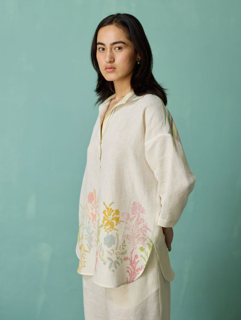Luma Block-Printed Floral Shirt - Ivory linen top/shirt by Manan in ivory for women in Singapore