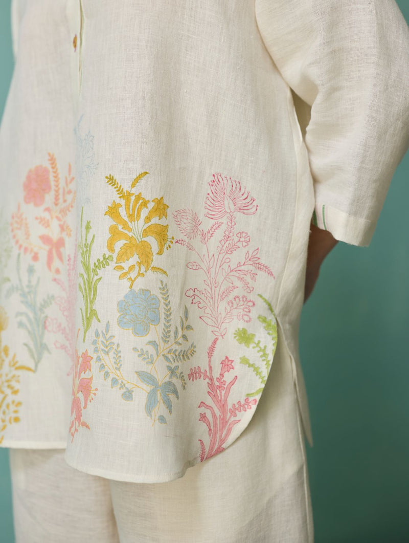 Luma Block-Printed Floral Shirt - Ivory linen top/shirt by Manan in ivory for women in Singapore