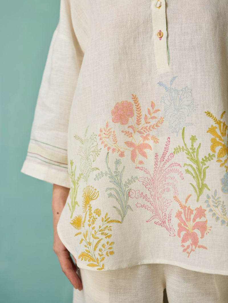 Luma Block-Printed Floral Co-ord Set - Ivory linen co-ord set by Manan in ivory for women in Singapore