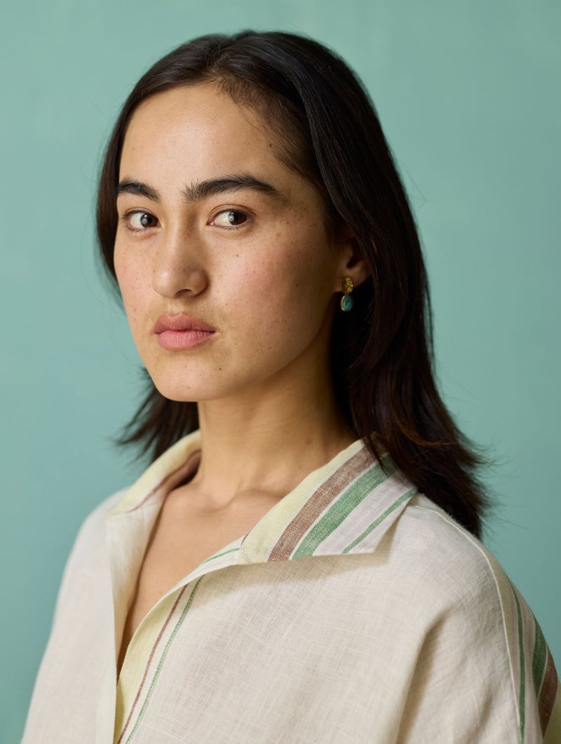 Luma Block-Printed Floral Shirt - Ivory linen top/shirt by Manan in ivory for women in Singapore