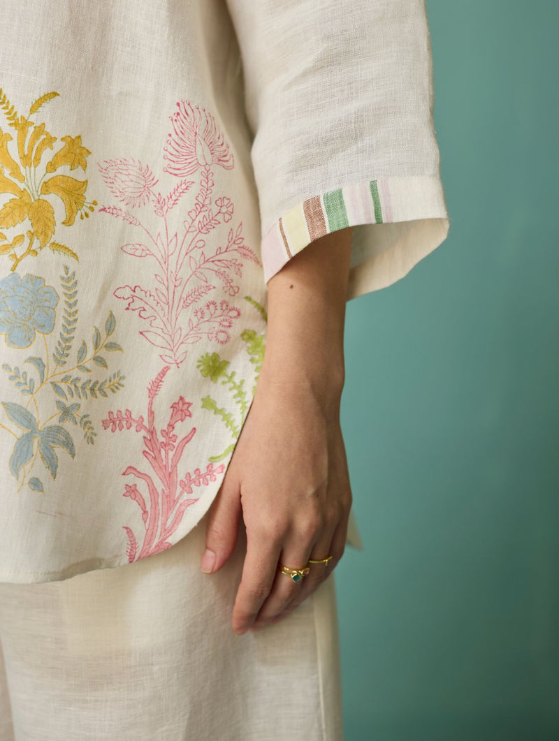 Luma Block-Printed Floral Co-ord Set - Ivory linen co-ord set by Manan in ivory for women in Singapore