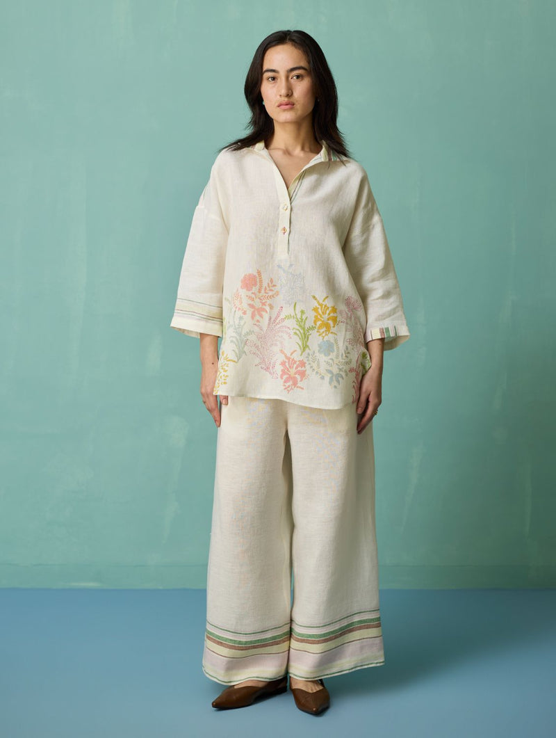 Luma Block-Printed Floral Shirt - Ivory linen top/shirt by Manan in ivory for women in Singapore