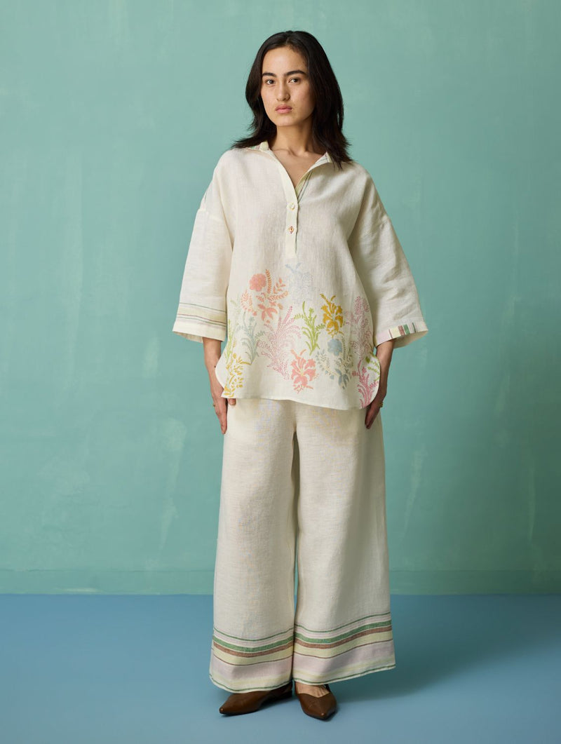 Luma Block-Printed Floral Co-ord Set - Ivory linen co-ord set by Manan in ivory for women in Singapore
