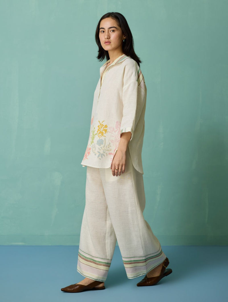 Luma Block-Printed Floral Co-ord Set - Ivory linen co-ord set by Manan in ivory for women in Singapore