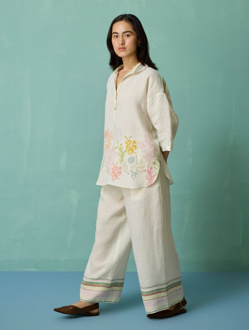 Luma Block-Printed Floral Shirt - Ivory linen top/shirt by Manan in ivory for women in Singapore