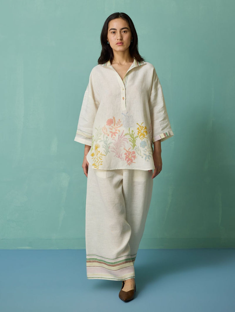 Luma Block-Printed Floral Co-ord Set - Ivory linen co-ord set by Manan in ivory for women in Singapore