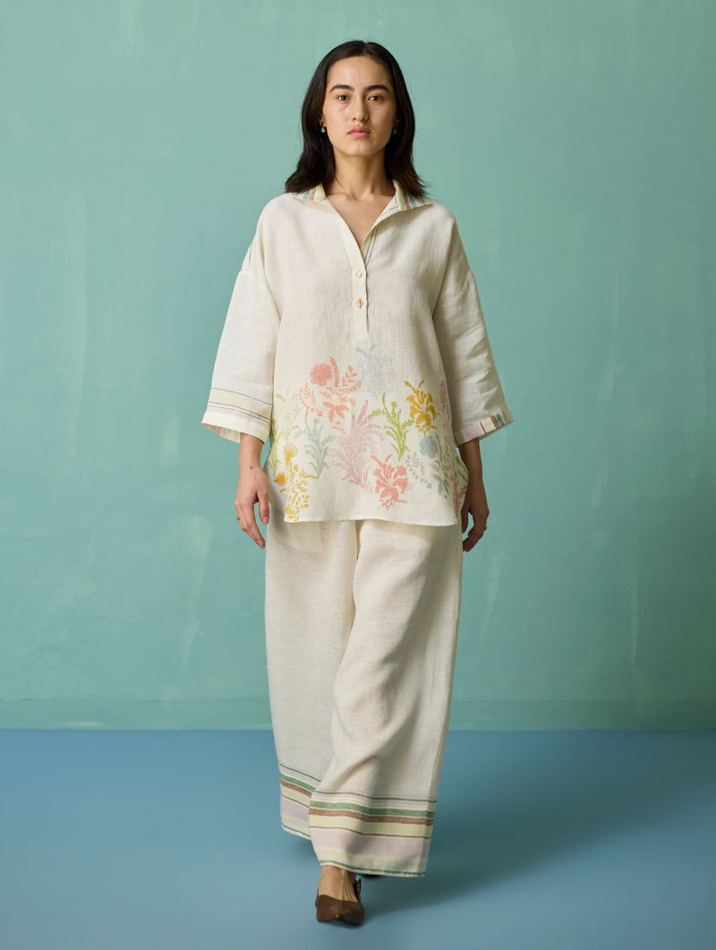 Luma Block-Printed Floral Co-ord Set - Ivory linen co-ord set by Manan in ivory for women in Singapore