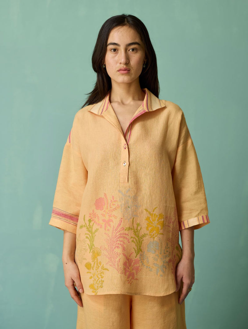 Luma Block-Printed Floral Shirt - Apricot linen top/shirt by Manan in apricot for women in Singapore