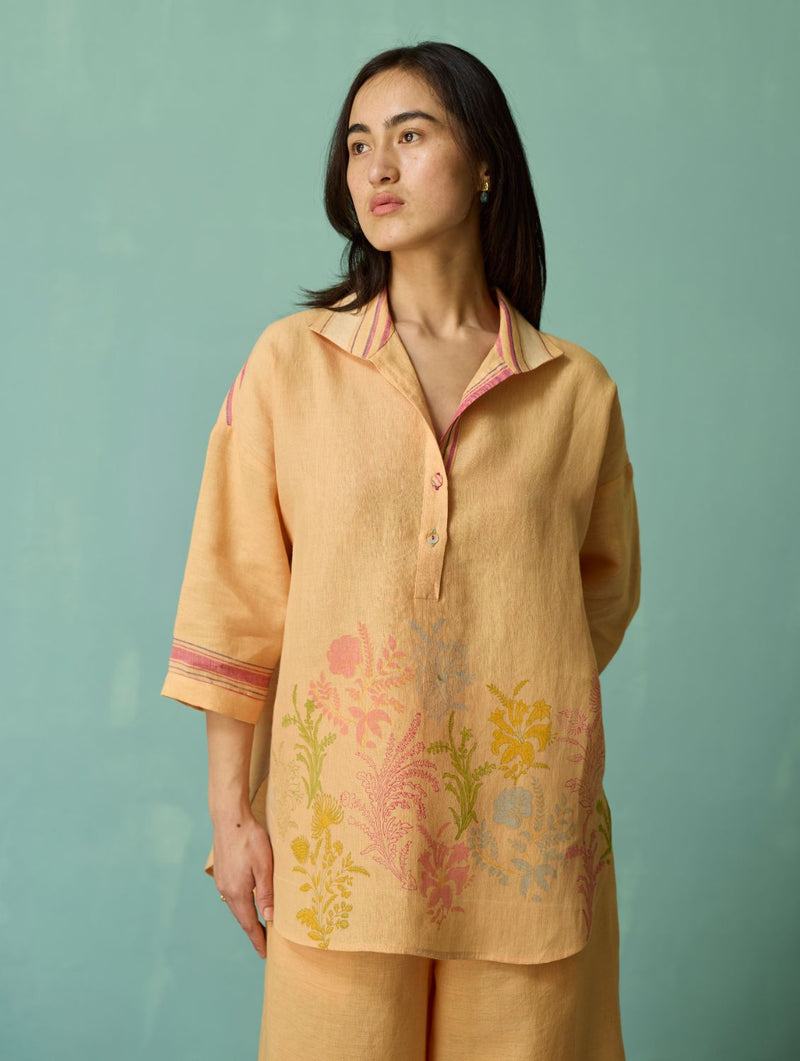 Luma Block-Printed Floral Co-ord Set - Apricot linen co-ord set by Manan in apricot for women in Singapore