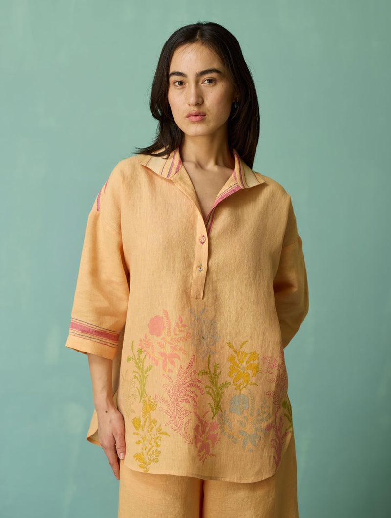 Luma Block-Printed Floral Co-ord Set - Apricot linen co-ord set by Manan in apricot for women in Singapore
