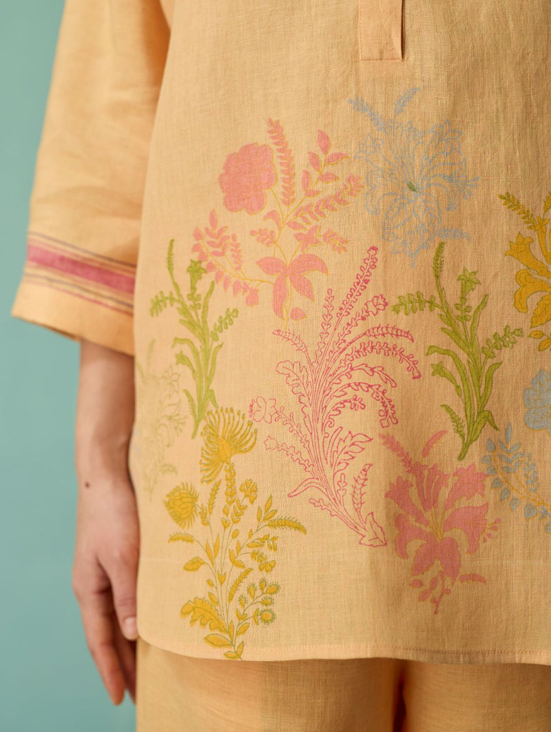 Luma Block-Printed Floral Co-ord Set - Apricot linen co-ord set by Manan in apricot for women in Singapore
