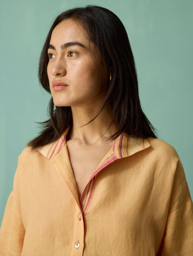 Luma Block-Printed Floral Co-ord Set - Apricot linen co-ord set by Manan in apricot for women in Singapore