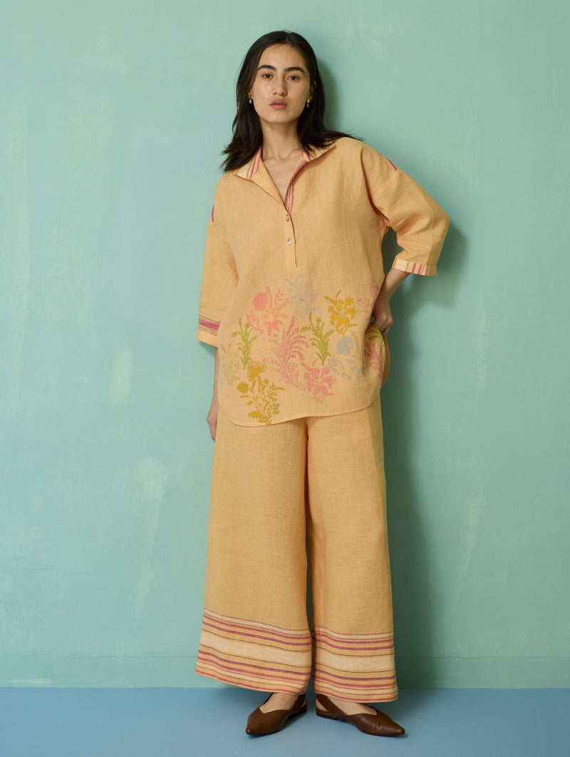 Luma Block-Printed Floral Co-ord Set - Apricot linen co-ord set by Manan in apricot for women in Singapore