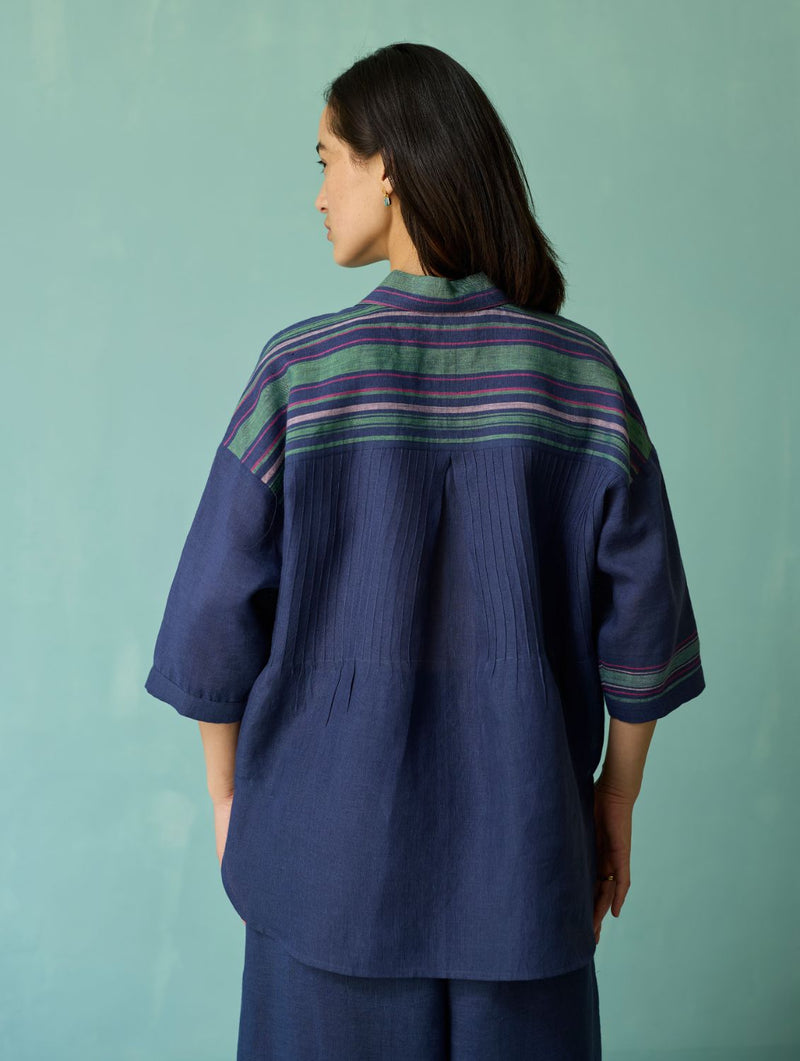 Luma Block-Printed Floral Shirt - Indigo linen top/shirt by Manan in navy for women in Singapore