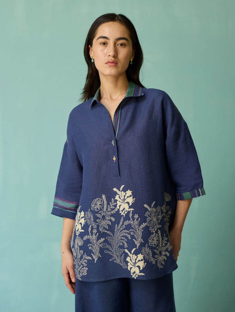 Luma Block-Printed Floral Co-ord Set - Indigo linen co-ord set by Manan in navy for women in Singapore