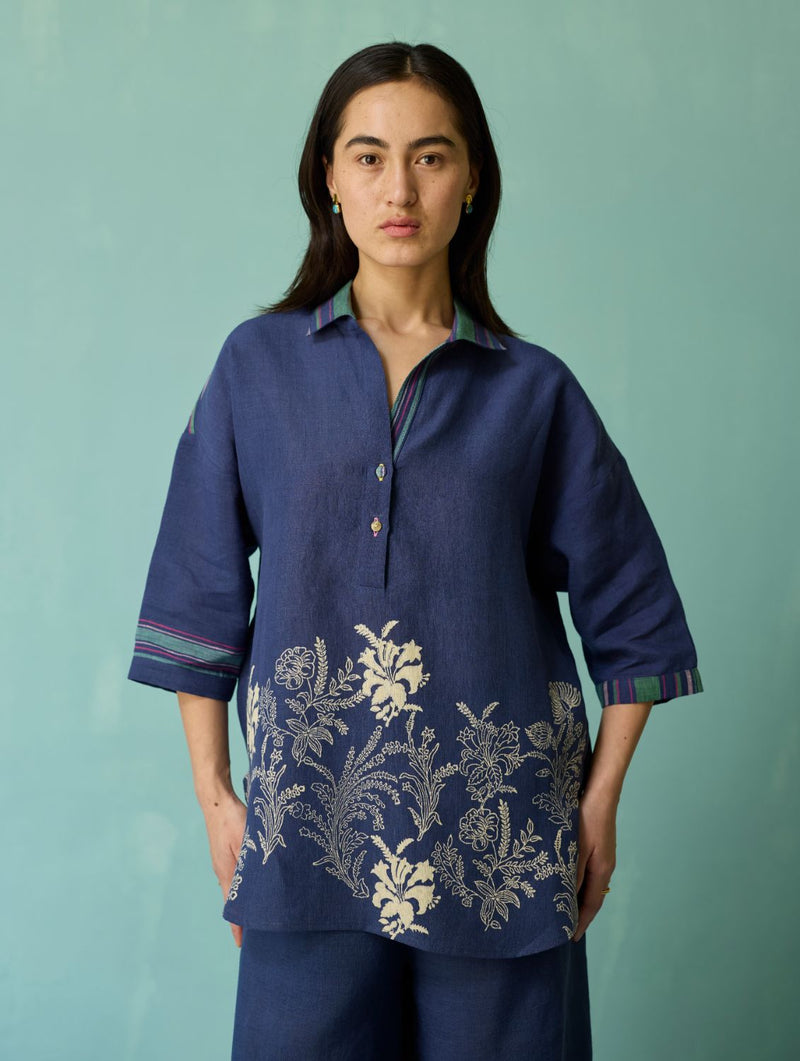 Luma Block-Printed Floral Co-ord Set - Indigo linen co-ord set by Manan in navy for women in Singapore