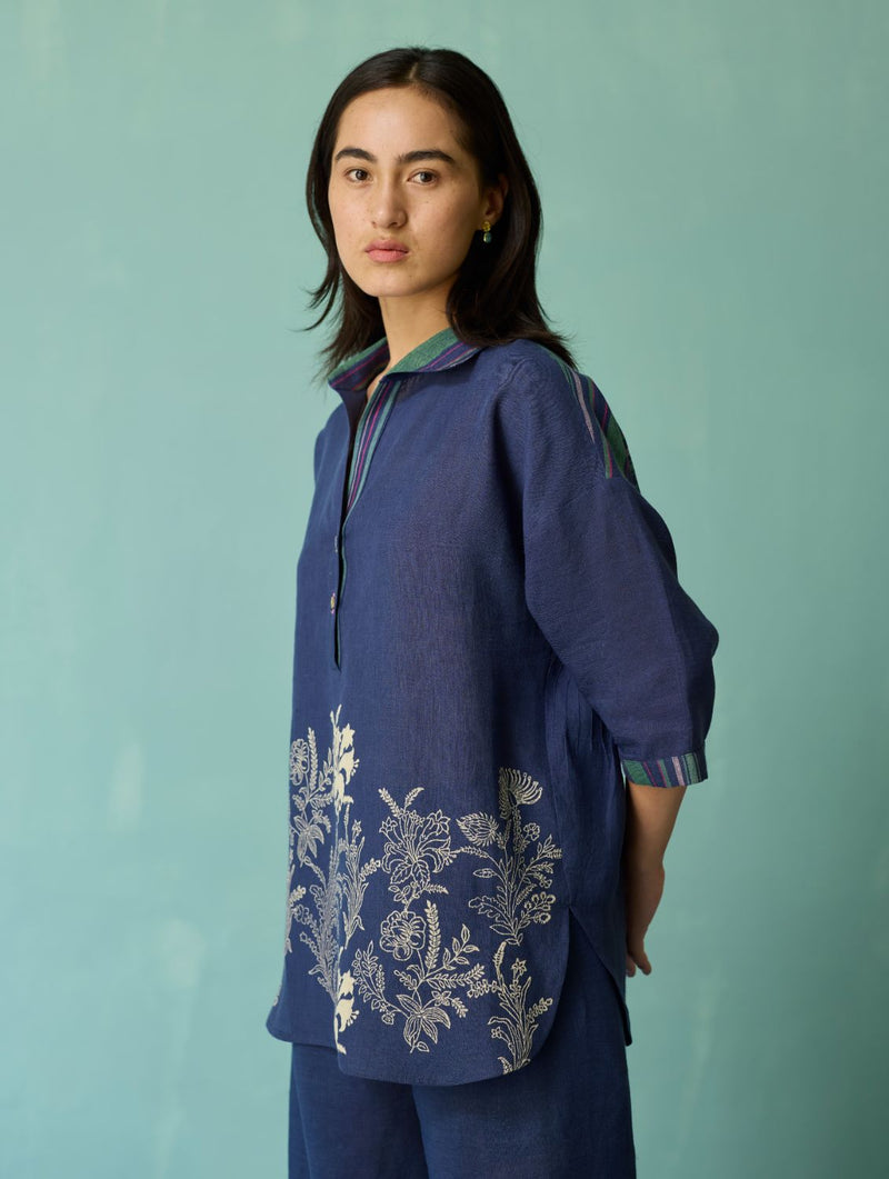 Luma Block-Printed Floral Co-ord Set - Indigo linen co-ord set by Manan in navy for women in Singapore