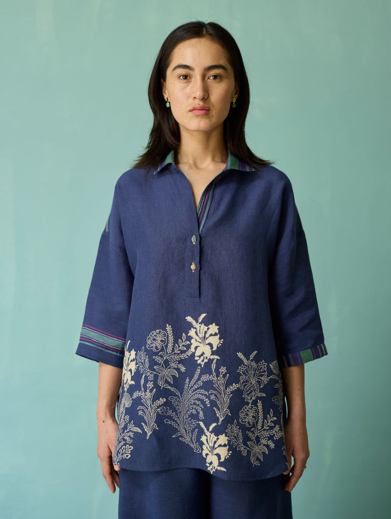 Luma Block-Printed Floral Shirt - Indigo linen top/shirt by Manan in navy for women in Singapore