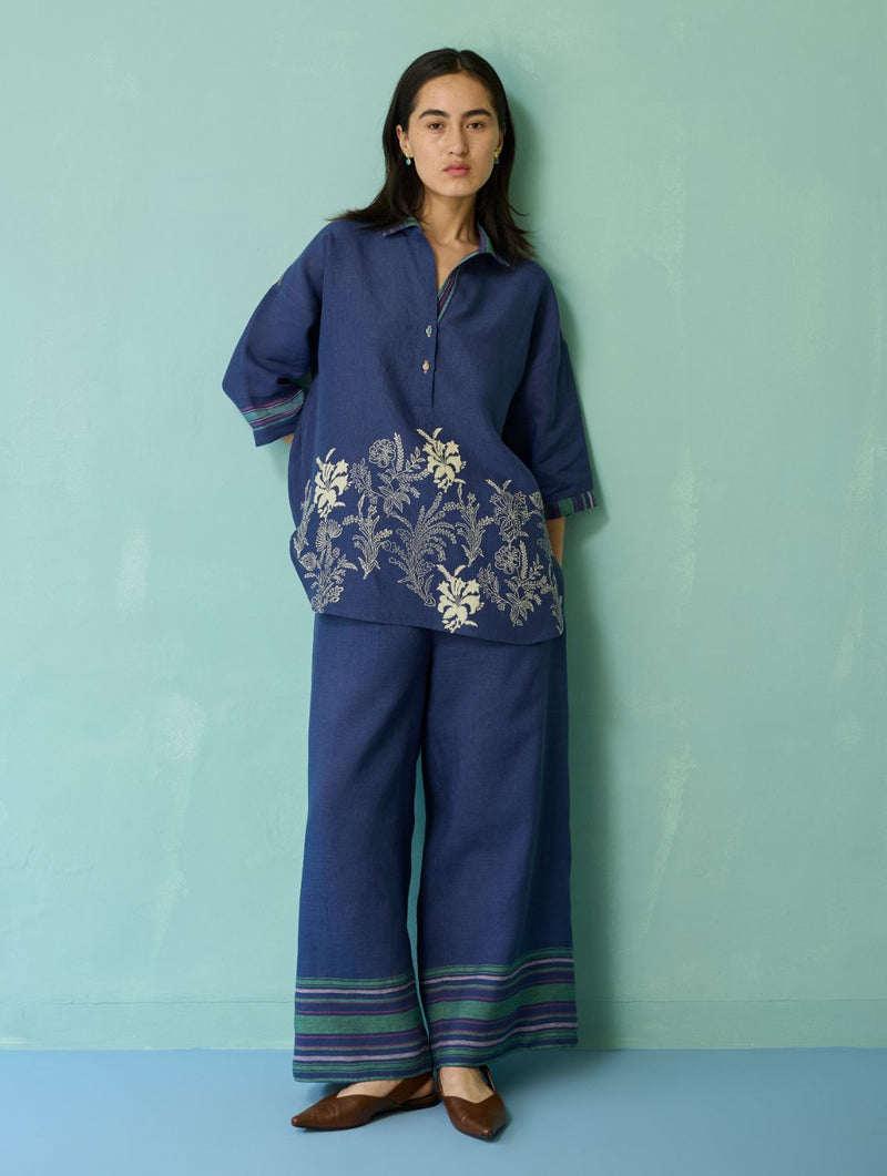 Luma Block-Printed Floral Co-ord Set - Indigo linen co-ord set by Manan in navy for women in Singapore