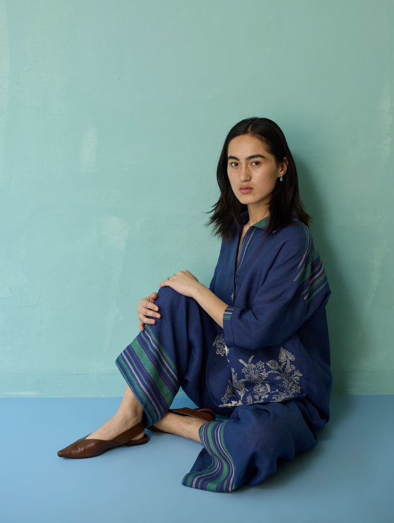 Luma Block-Printed Floral Co-ord Set - Indigo linen co-ord set by Manan in navy for women in Singapore