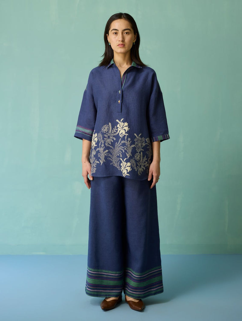 Luma Block-Printed Floral Shirt - Indigo linen top/shirt by Manan in navy for women in Singapore