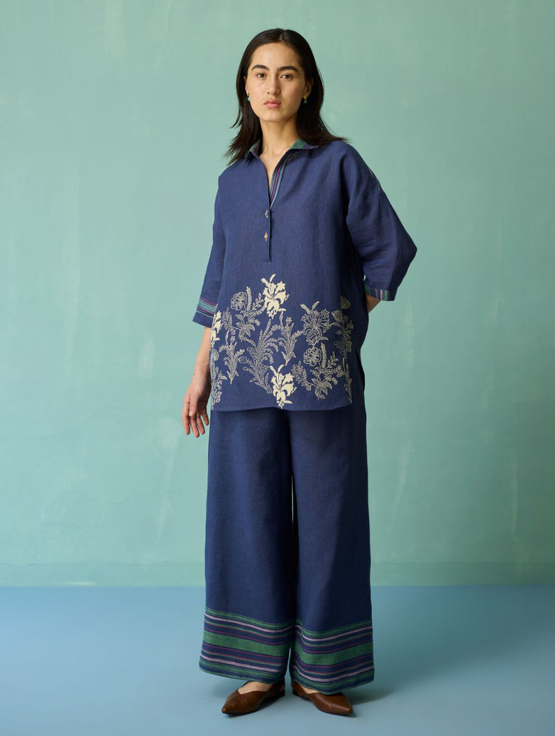 Luma Block-Printed Floral Co-ord Set - Indigo linen co-ord set by Manan in navy for women in Singapore
