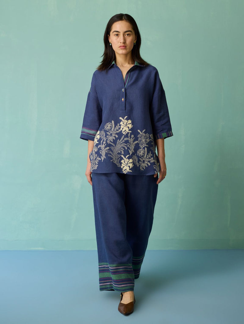 Luma Block-Printed Floral Co-ord Set - Indigo linen co-ord set by Manan in navy for women in Singapore