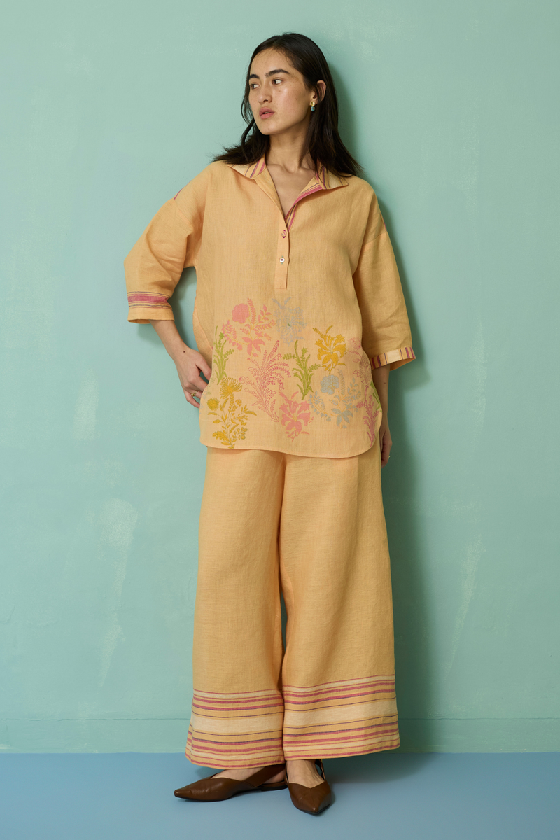 Luma Block-Printed Floral Co-ord Set - Apricot linen co-ord set by Manan in apricot for women in Singapore