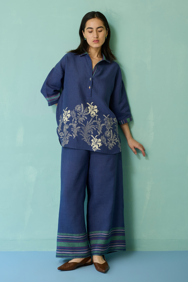 Luma Block-Printed Floral Shirt - Indigo linen top/shirt by Manan in navy for women in Singapore
