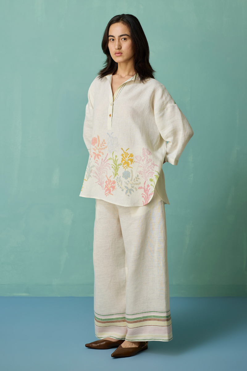 Luma Block-Printed Floral Shirt - Ivory linen top/shirt by Manan in ivory for women in Singapore