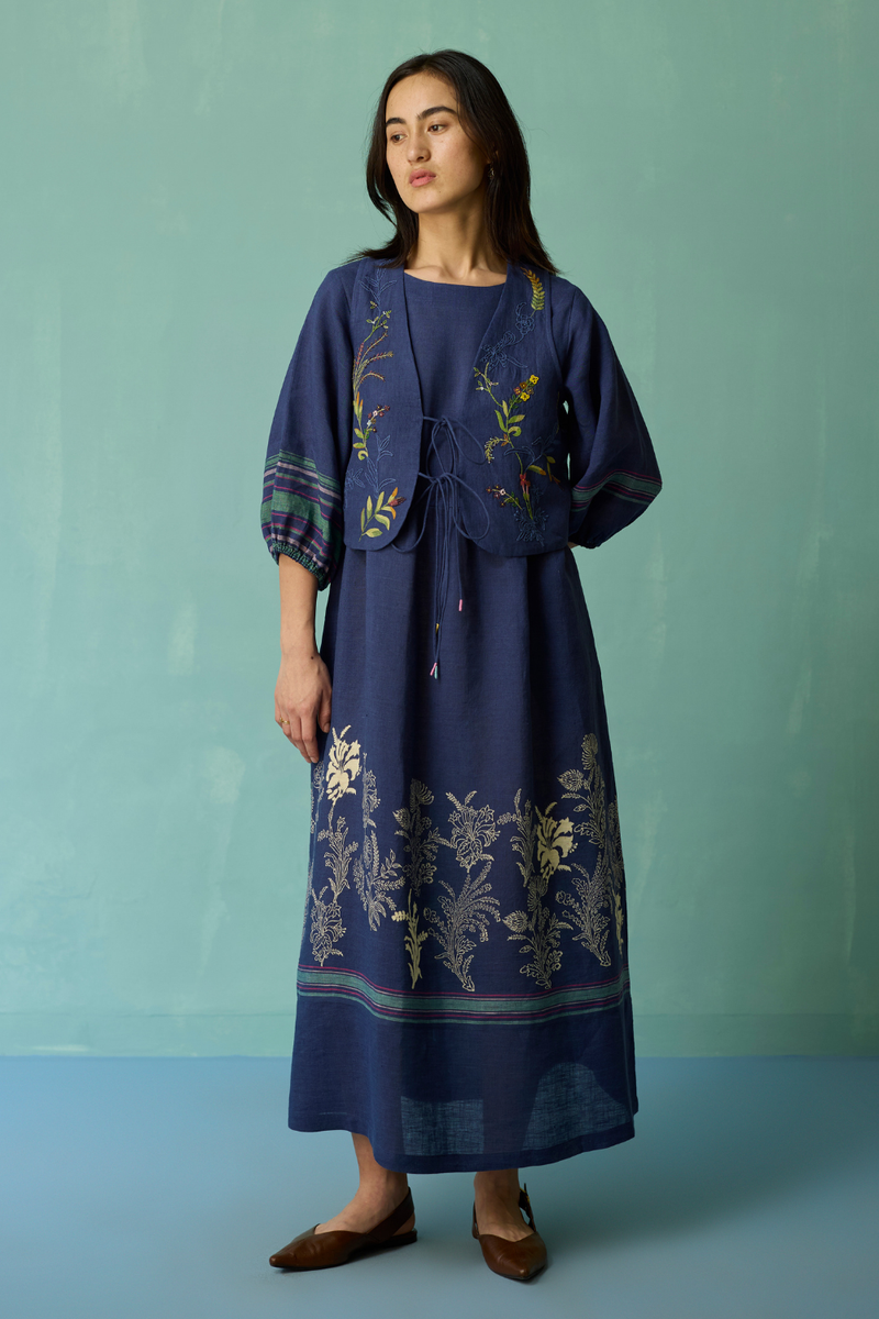 Ora Block-Printed Floral Linen Co-ord Set - Indigo linen co-ord set by Manan in navy for women in Singapore