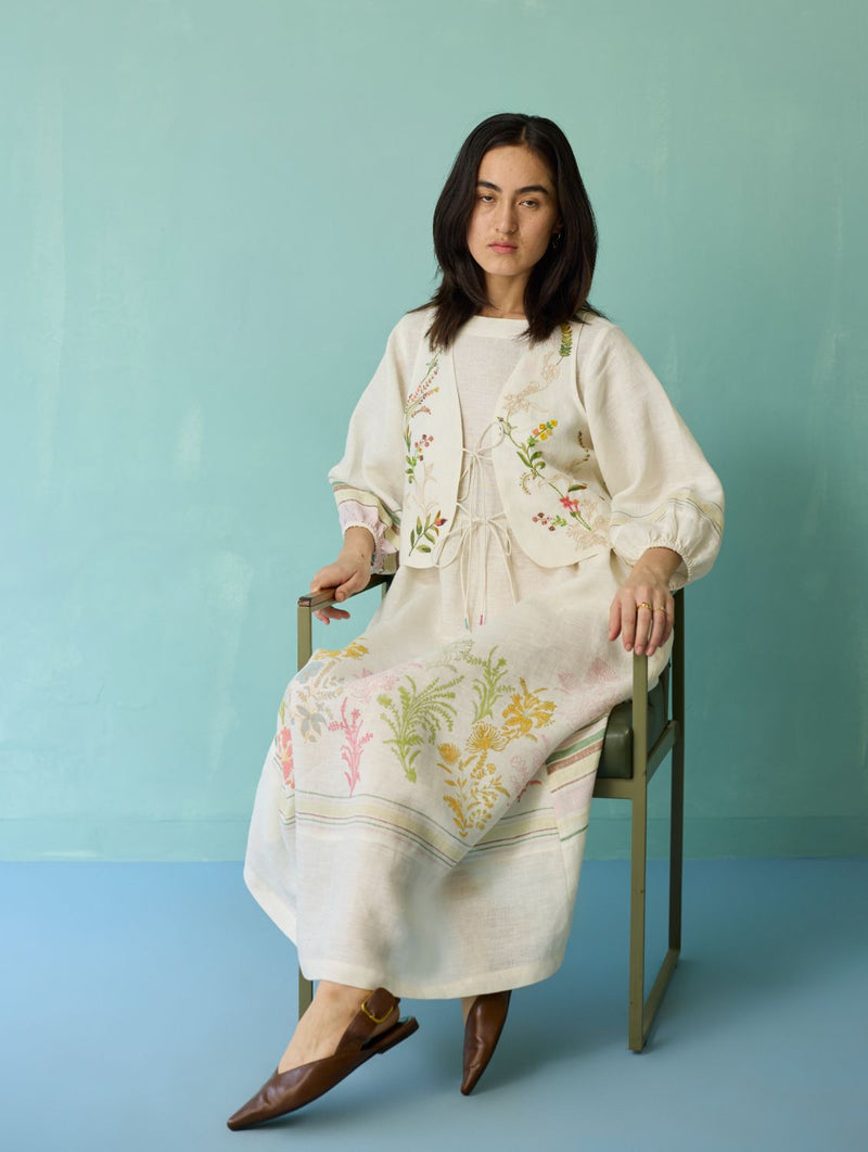 Ora Block-Printed Floral Linen Co-ord Set - Ivory linen co-ord set by Manan in ivory for women in Singapore