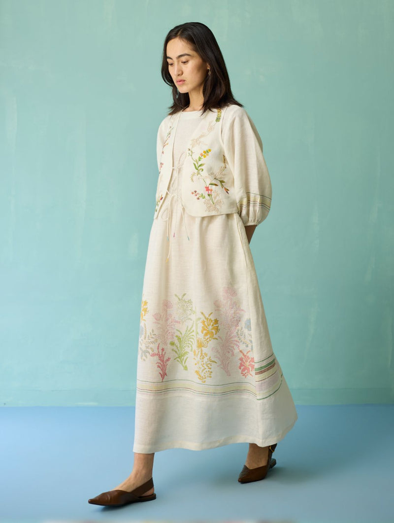 Ora Block-Printed Floral Linen Co-ord Set - Ivory linen co-ord set by Manan in ivory for women in Singapore